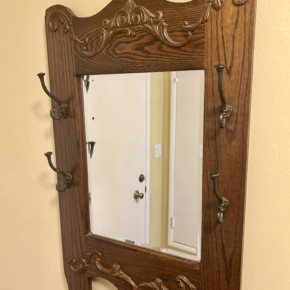 Elegant Brown Wooden Hall Tree with Mirror